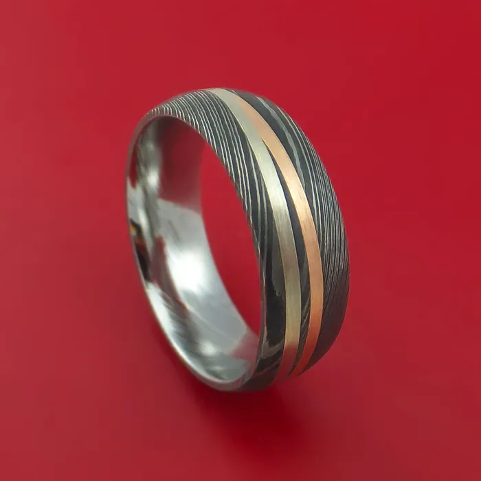 Rings Lashbrook Damascus Steel Ring with 14k Rose Gold and 14k White Gold Inlays Custom Made Band Rings Lashbrook Damascus Steel Ring with 14k Rose Gold and 14k White Gold Inlays Custom Made Band