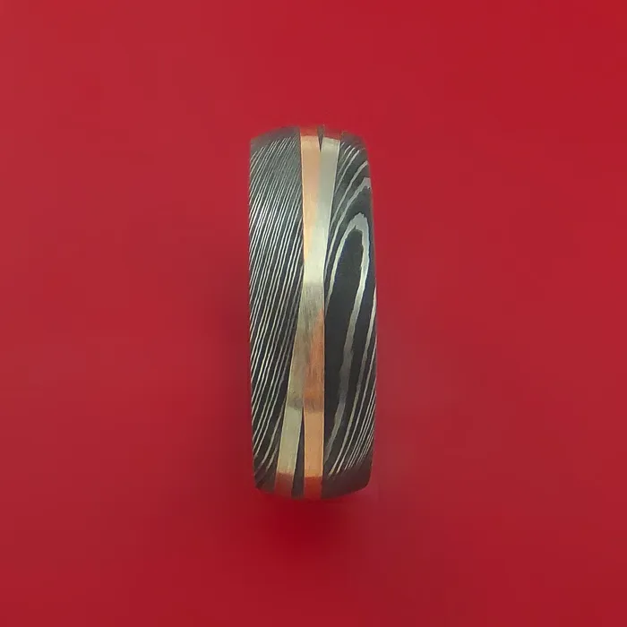 Rings Lashbrook Damascus Steel Ring with 14k Rose Gold and 14k White Gold Inlays Custom Made Band Rings Lashbrook Damascus Steel Ring with 14k Rose Gold and 14k White Gold Inlays Custom Made Band