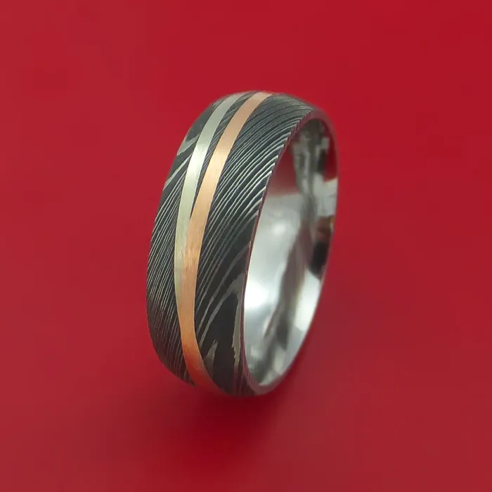 Rings Lashbrook Damascus Steel Ring with 14k Rose Gold and 14k White Gold Inlays Custom Made Band Rings Lashbrook Damascus Steel Ring with 14k Rose Gold and 14k White Gold Inlays Custom Made Band