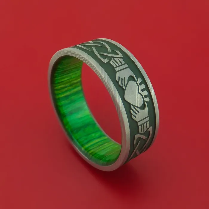 Rings Lashbrook Damascus Steel Ring with Claddagh Milled Celtic Design and Cerakote Inlays and Interior Hardwood Sleeve Custom Made Band Rings Lashbrook Damascus Steel Ring with Claddagh Milled Celtic Design and Cerakote Inlays and Interior Hardwood Sleeve Custom Made Band