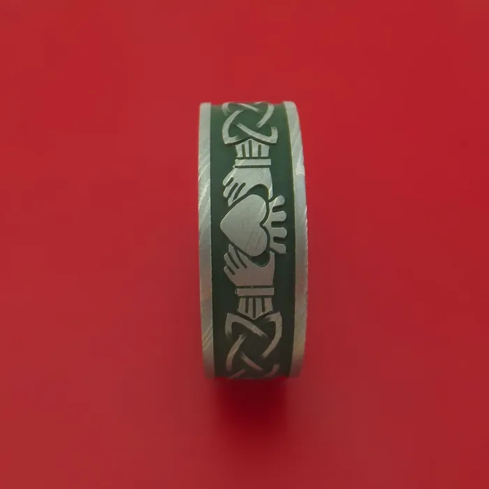 Rings Lashbrook Damascus Steel Ring with Claddagh Milled Celtic Design and Cerakote Inlays and Interior Hardwood Sleeve Custom Made Band Rings Lashbrook Damascus Steel Ring with Claddagh Milled Celtic Design and Cerakote Inlays and Interior Hardwood Sleeve Custom Made Band