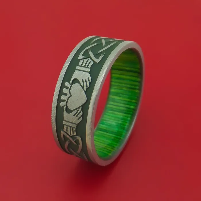Rings Lashbrook Damascus Steel Ring with Claddagh Milled Celtic Design and Cerakote Inlays and Interior Hardwood Sleeve Custom Made Band Rings Lashbrook Damascus Steel Ring with Claddagh Milled Celtic Design and Cerakote Inlays and Interior Hardwood Sleeve Custom Made Band