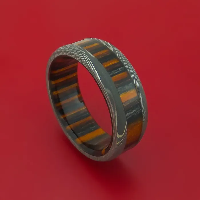 Rings Lashbrook Damascus Steel Ring with Hardwood Inlay and Interior Hardwood Sleeve Custom Made Band