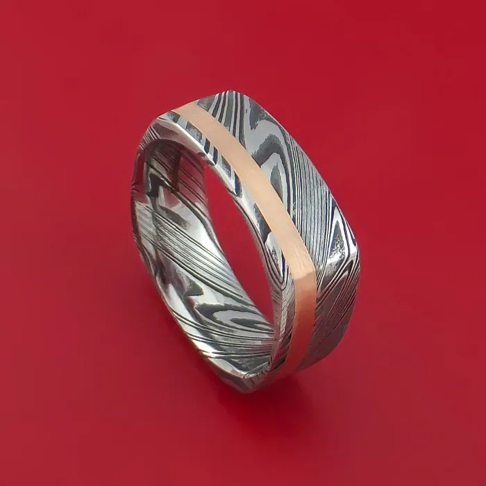 Rings Lashbrook Kuro Damascus Steel Square Ring with 14k Rose Gold Inlay Custom Made Band Rings Lashbrook Kuro Damascus Steel Square Ring with 14k Rose Gold Inlay Custom Made Band