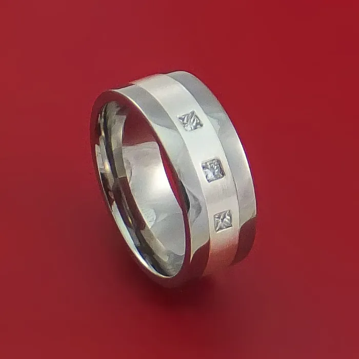 Rings Lashbrook Titanium Ring with Silver Inlay and Princess Cut Diamonds Custom Made Wedding Band Rings Lashbrook Titanium Ring with Silver Inlay and Princess Cut Diamonds Custom Made Wedding Band