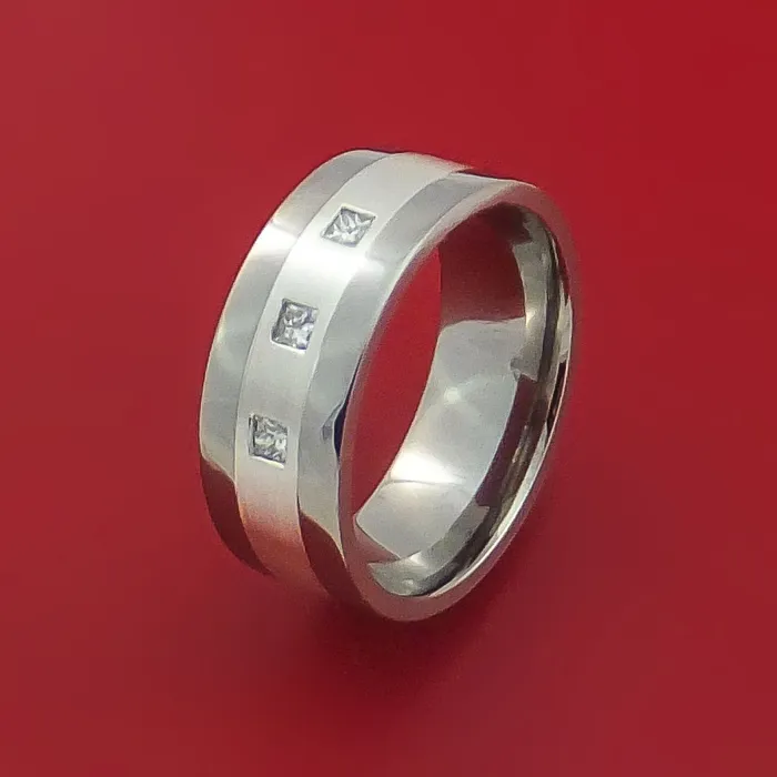 Rings Lashbrook Titanium Ring with Silver Inlay and Princess Cut Diamonds Custom Made Wedding Band Rings Lashbrook Titanium Ring with Silver Inlay and Princess Cut Diamonds Custom Made Wedding Band