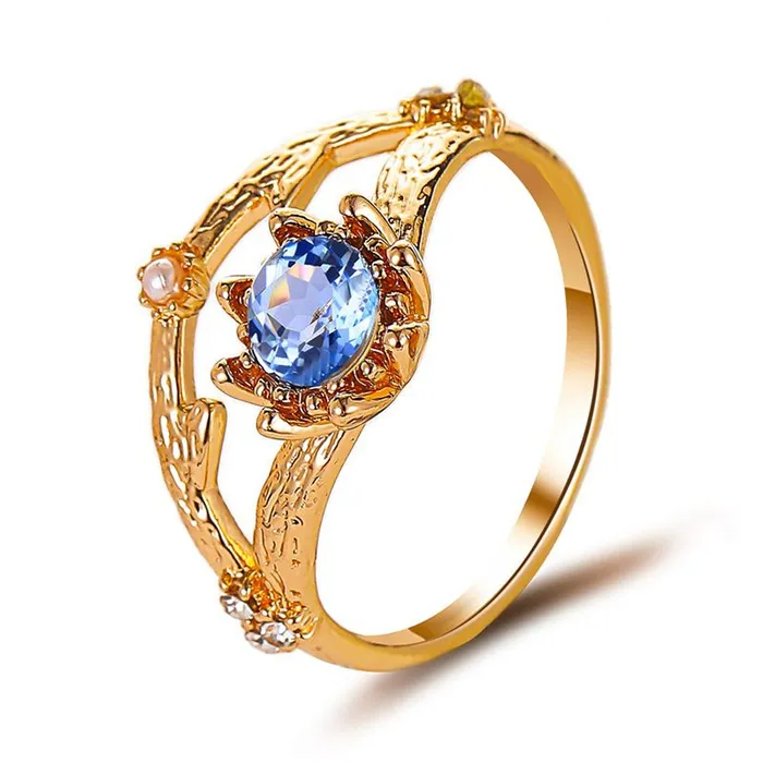 Rings POLLY R453 Gold Blue Gemstone Flower and Pearl Ring