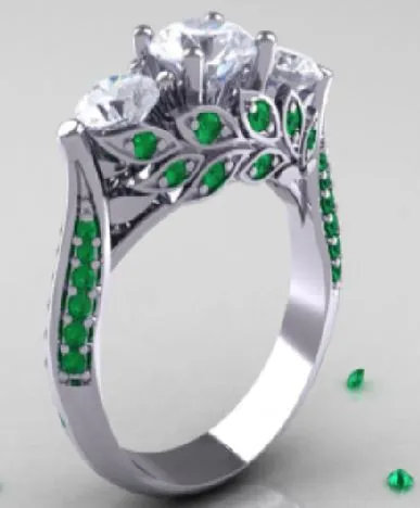 Rings R367 Silver Triple Gem Green Rhinestone Ring Alice