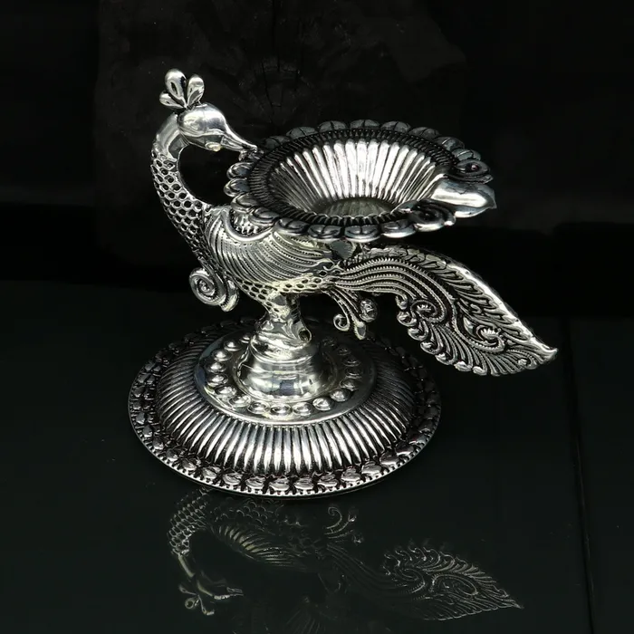 Rings TRIBAL ORNAMENTS 925 Sterling silver customized kandraichitai work vintage peacock design oil lamp silver deepak silver diya silver articles su86