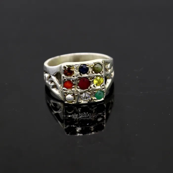 Rings TRIBAL ORNAMENTS 925 sterling silver customized Navratan stone ring fabulous stylish design 9 stone pendant tribal ethnic unisex jewelry sr370 Rings TRIBAL ORNAMENTS 925 sterling silver customized Navratan stone ring fabulous stylish design 9 stone pendant tribal ethnic unisex jewelry sr370
