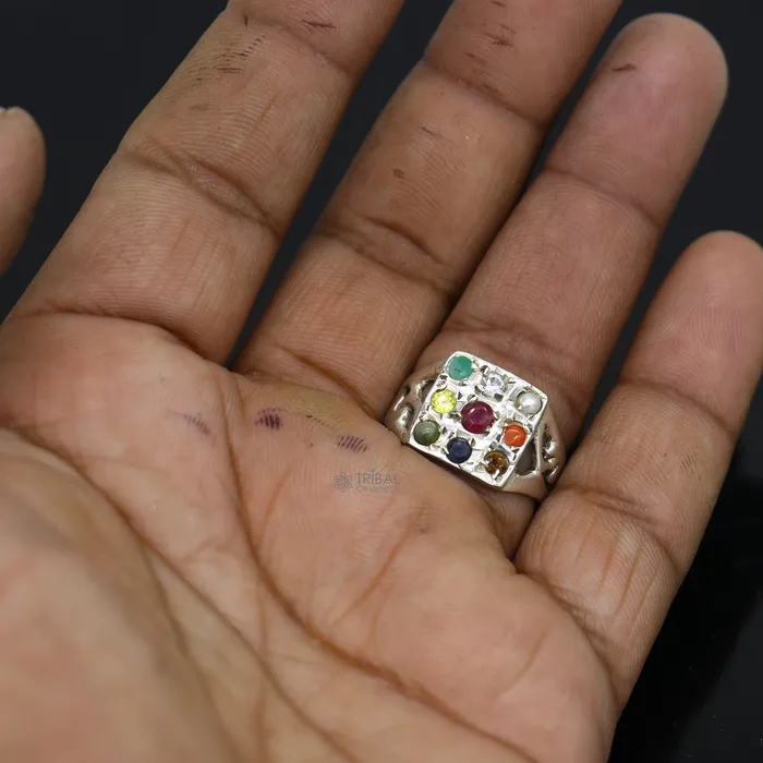 Rings TRIBAL ORNAMENTS 925 sterling silver customized Navratan stone ring fabulous stylish design 9 stone pendant tribal ethnic unisex jewelry sr370