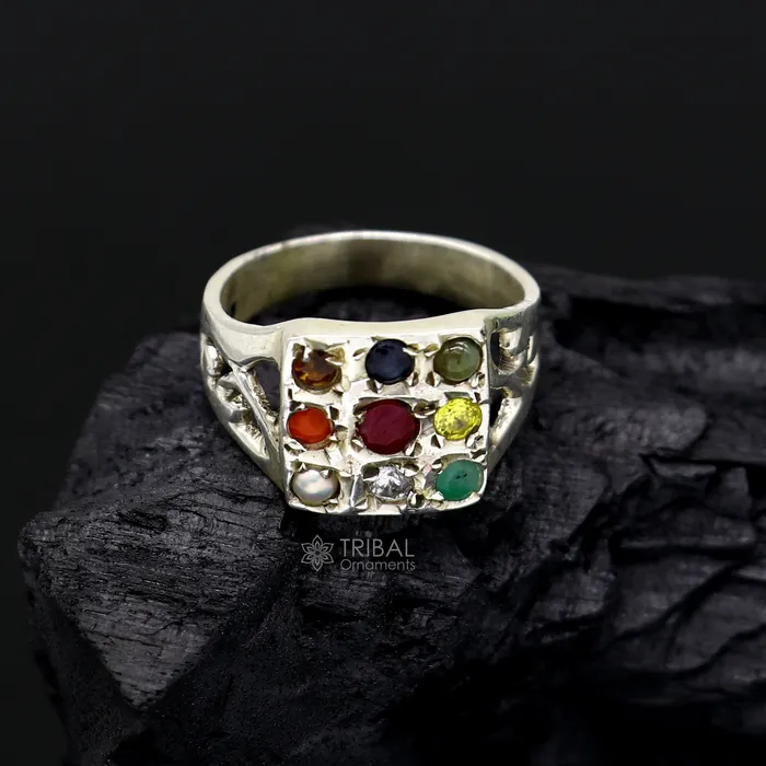Rings TRIBAL ORNAMENTS 925 sterling silver customized Navratan stone ring fabulous stylish design 9 stone pendant tribal ethnic unisex jewelry sr370