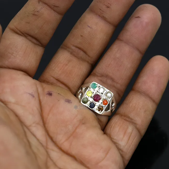 Rings TRIBAL ORNAMENTS 925 sterling silver customized Navratan stone ring fabulous stylish design 9 stone pendant tribal ethnic unisex jewelry sr370