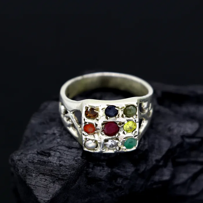 Rings TRIBAL ORNAMENTS 925 sterling silver customized Navratan stone ring fabulous stylish design 9 stone pendant tribal ethnic unisex jewelry sr370