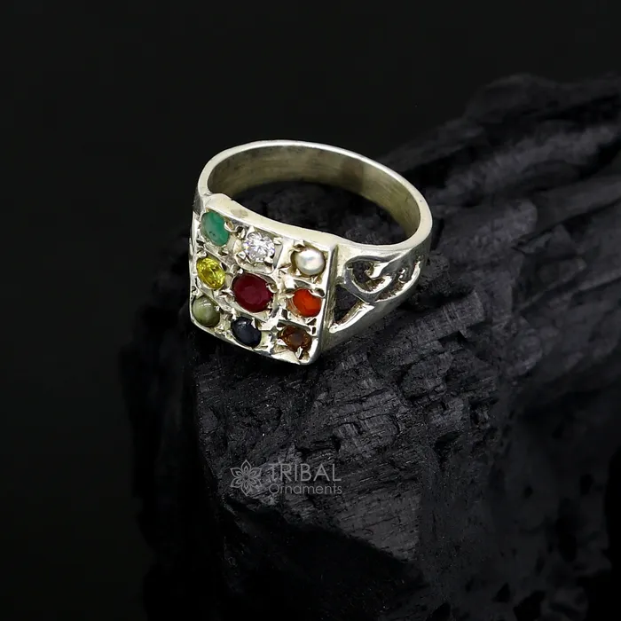Rings TRIBAL ORNAMENTS 925 sterling silver customized Navratan stone ring fabulous stylish design 9 stone pendant tribal ethnic unisex jewelry sr370