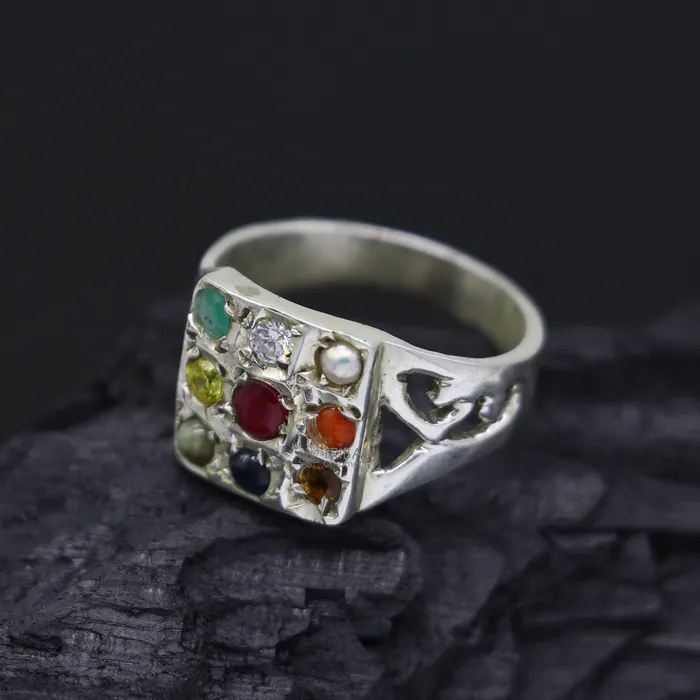 Rings TRIBAL ORNAMENTS 925 sterling silver customized Navratan stone ring fabulous stylish design 9 stone pendant tribal ethnic unisex jewelry sr370
