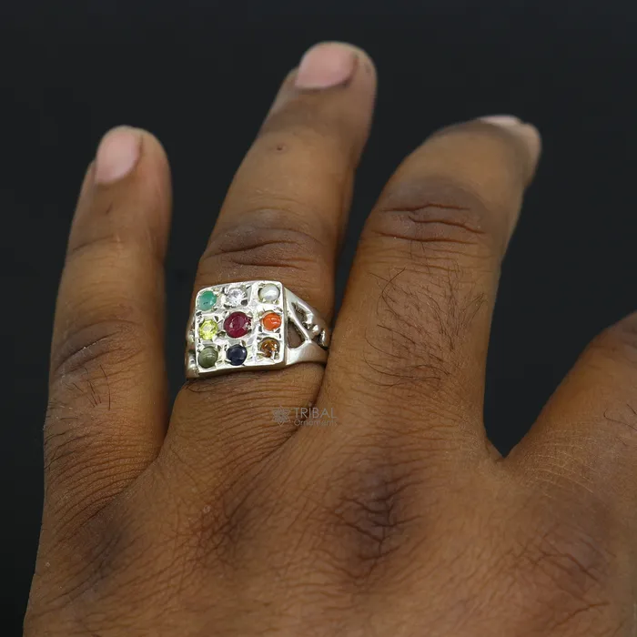 Rings TRIBAL ORNAMENTS 925 sterling silver customized Navratan stone ring fabulous stylish design 9 stone pendant tribal ethnic unisex jewelry sr370