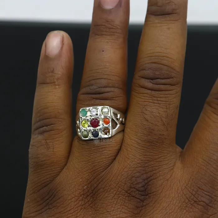 Rings TRIBAL ORNAMENTS 925 sterling silver customized Navratan stone ring fabulous stylish design 9 stone pendant tribal ethnic unisex jewelry sr370