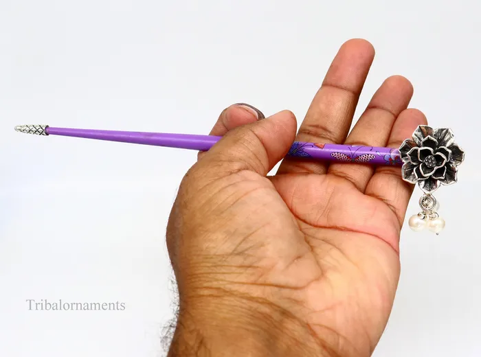 Rings TRIBAL ORNAMENTS 925 sterling silver customized rose flower design hair pin with wooden painted stick amazing hair jewelry brides gifting hc10 Rings TRIBAL ORNAMENTS 925 sterling silver customized rose flower design hair pin with wooden painted stick amazing hair jewelry brides gifting hc10