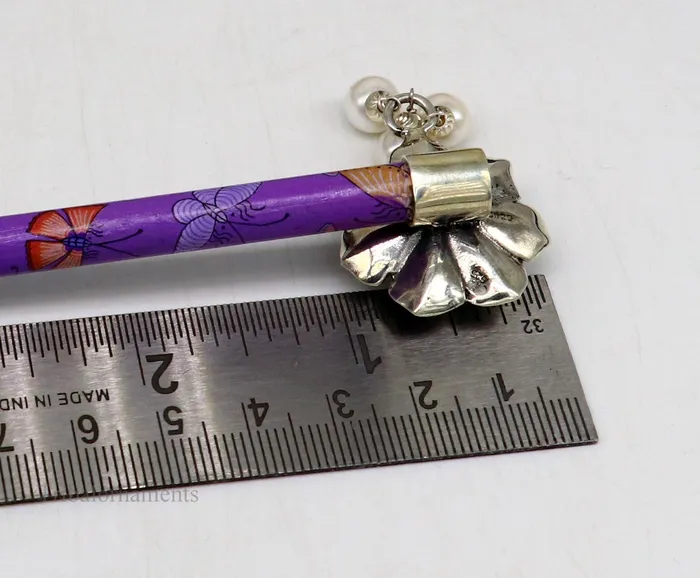 Rings TRIBAL ORNAMENTS 925 sterling silver customized rose flower design hair pin with wooden painted stick amazing hair jewelry brides gifting hc10