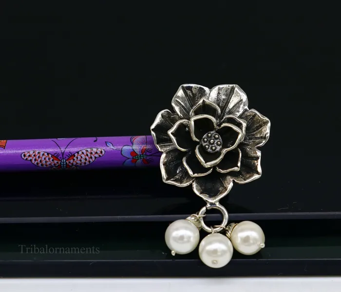 Rings TRIBAL ORNAMENTS 925 sterling silver customized rose flower design hair pin with wooden painted stick amazing hair jewelry brides gifting hc10