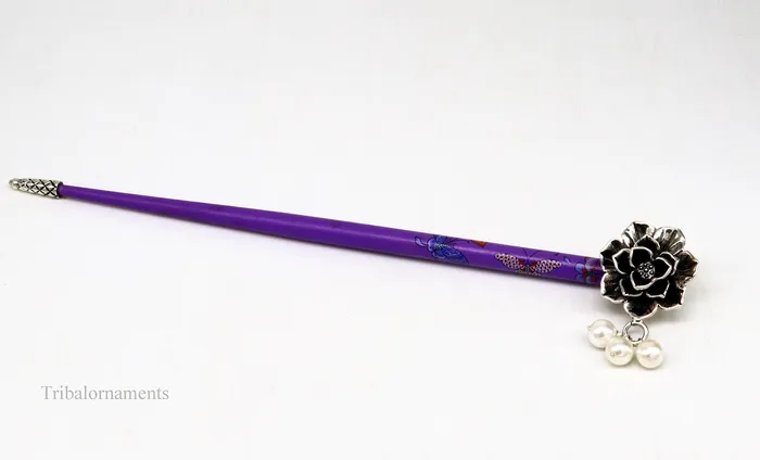 Rings TRIBAL ORNAMENTS 925 sterling silver customized rose flower design hair pin with wooden painted stick amazing hair jewelry brides gifting hc10
