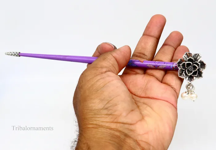 Rings TRIBAL ORNAMENTS 925 sterling silver customized rose flower design hair pin with wooden painted stick amazing hair jewelry brides gifting hc10