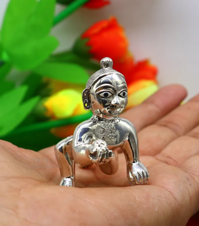 Rings TRIBAL ORNAMENTS 925 sterling Solid silver handmade idol divine Krishna Ladu Gopal crawling Krishna small statue sculpture home temple puja art art494