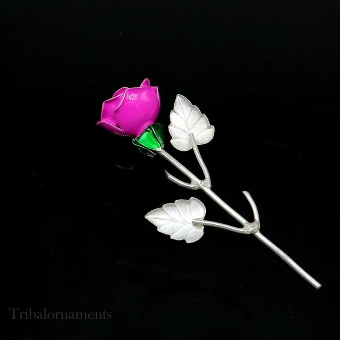 Rings TRIBAL ORNAMENTS Solid sterling silver handmade small pink Rose flower puja god temple article excellent three color enamel silver worshipping article su558