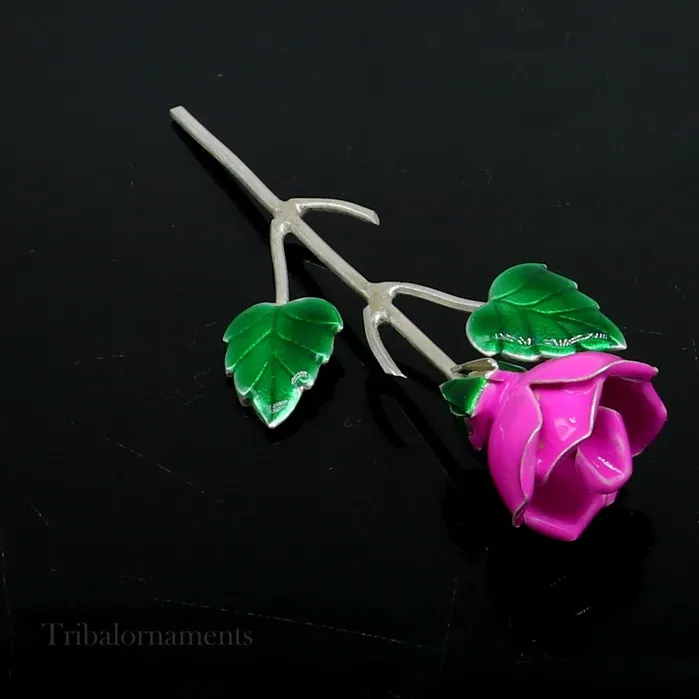 Rings TRIBAL ORNAMENTS Solid sterling silver handmade small pink Rose flower puja god temple article excellent three color enamel silver worshipping article su558