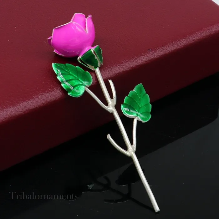 Rings TRIBAL ORNAMENTS Solid sterling silver handmade small pink Rose flower puja god temple article excellent three color enamel silver worshipping article su558