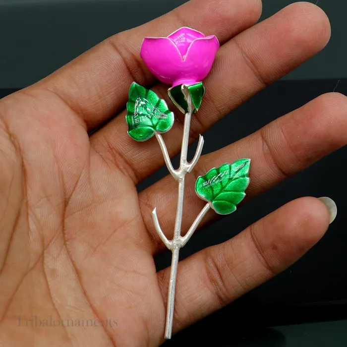 Rings TRIBAL ORNAMENTS Solid sterling silver handmade small pink Rose flower puja god temple article excellent three color enamel silver worshipping article su558