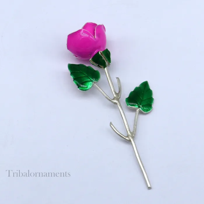 Rings TRIBAL ORNAMENTS Solid sterling silver handmade small pink Rose flower puja god temple article excellent three color enamel silver worshipping article su558