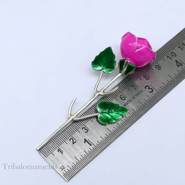Rings TRIBAL ORNAMENTS Solid sterling silver handmade small pink Rose flower puja god temple article excellent three color enamel silver worshipping article su558
