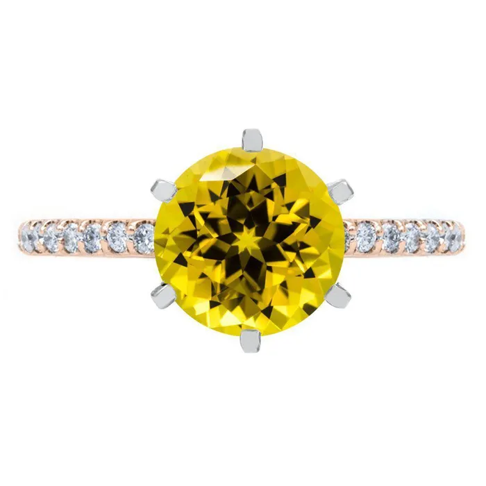 Round Yellow Sapphire 6 Prongs Diamond Accent Ice Cathedral Solitaire Ring Fire Brilliance Rings Round Yellow Sapphire 6 Prongs Diamond Accent Ice Cathedral Solitaire Ring Fire Brilliance Rings