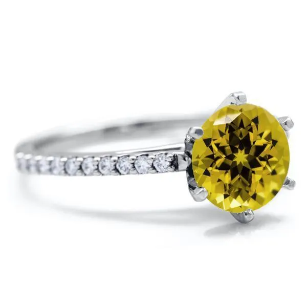 Round Yellow Sapphire 6 Prongs Diamond Accent Ice Cathedral Solitaire Ring Fire Brilliance Rings