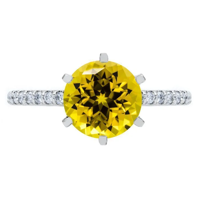 Round Yellow Sapphire 6 Prongs Diamond Accent Ice Cathedral Solitaire Ring Fire Brilliance Rings