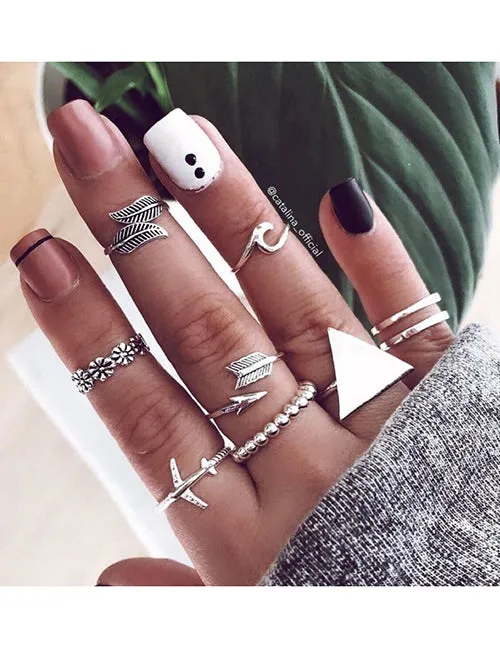 RS03 Silver Feather Arrow Triangle 9 pc Ring Set 02 Rings