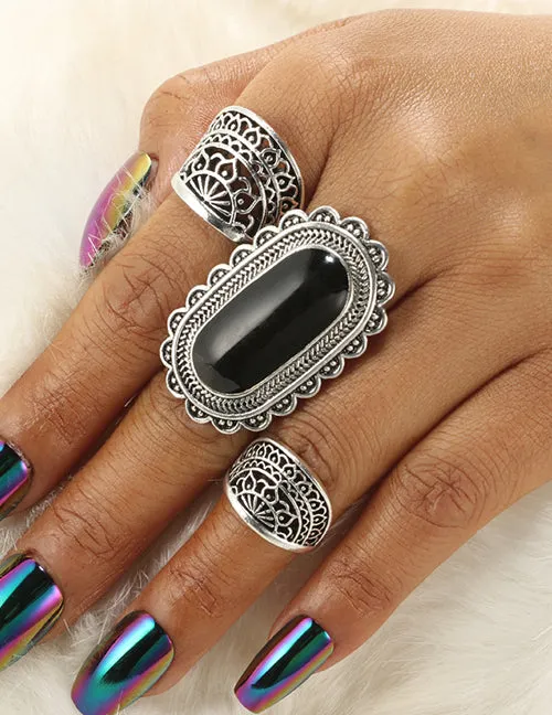 RS49 Silver Black Gem 3 pc Ring Set 02 Rings