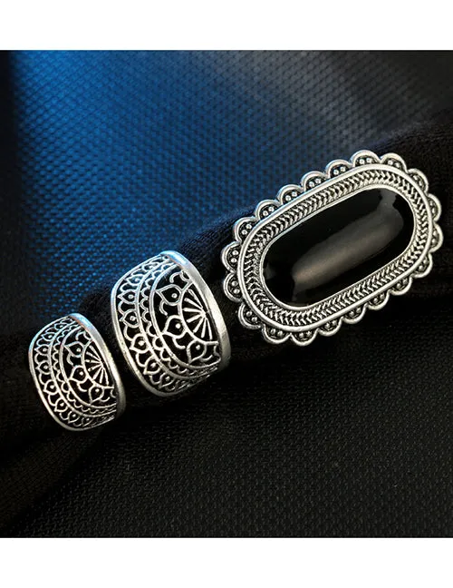 RS49 Silver Black Gem 3 pc Ring Set 02 Rings