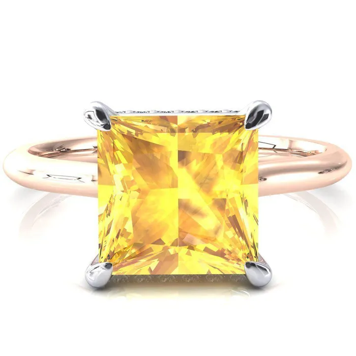 Secret Princess Yellow Sapphire 4 Prong Floating Halo Engagement Ring Fire Brilliance Rings