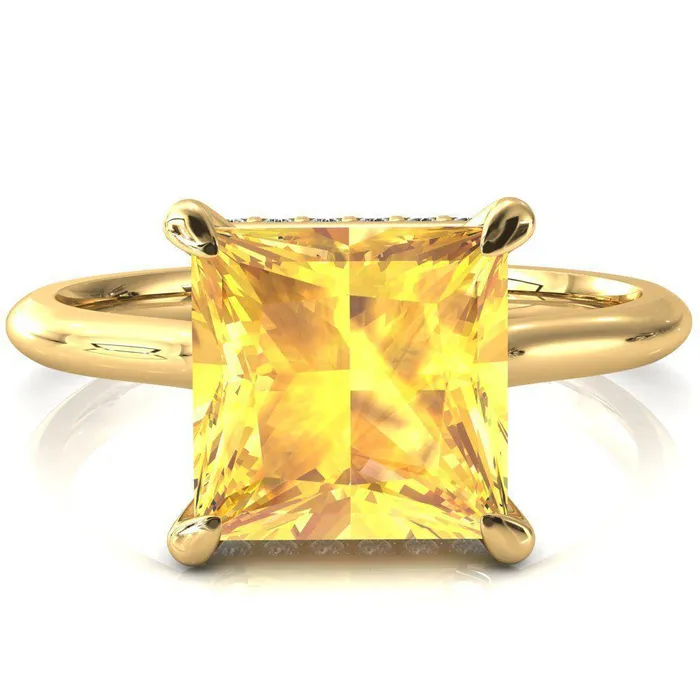 Secret Princess Yellow Sapphire 4 Prong Floating Halo Engagement Ring Fire Brilliance Rings