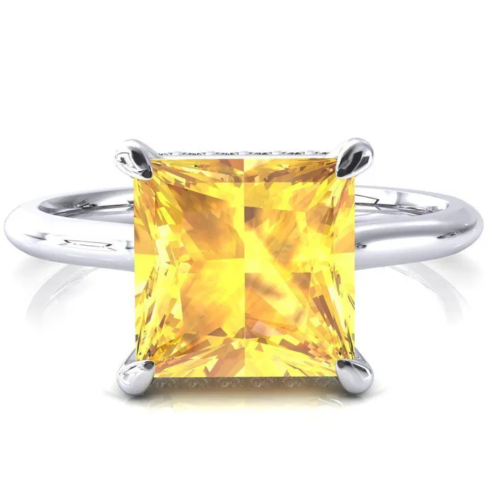 Secret Princess Yellow Sapphire 4 Prong Floating Halo Engagement Ring Fire Brilliance Rings