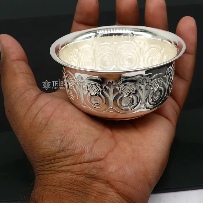 Silver handmade unique design work bowl silver utensils for rice ceremony Annaprasan silver worshippingpuja utensils prasad bowl sv279 TRIBAL ORNAMENTS Rings