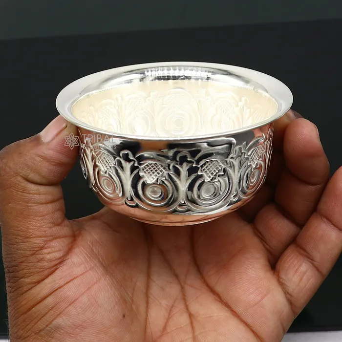 Silver handmade unique design work bowl silver utensils for rice ceremony Annaprasan silver worshippingpuja utensils prasad bowl sv279 TRIBAL ORNAMENTS Rings