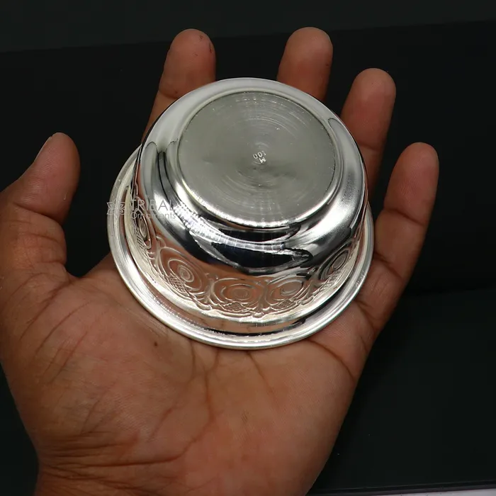 Silver handmade unique design work bowl silver utensils for rice ceremony Annaprasan silver worshippingpuja utensils prasad bowl sv279 TRIBAL ORNAMENTS Rings