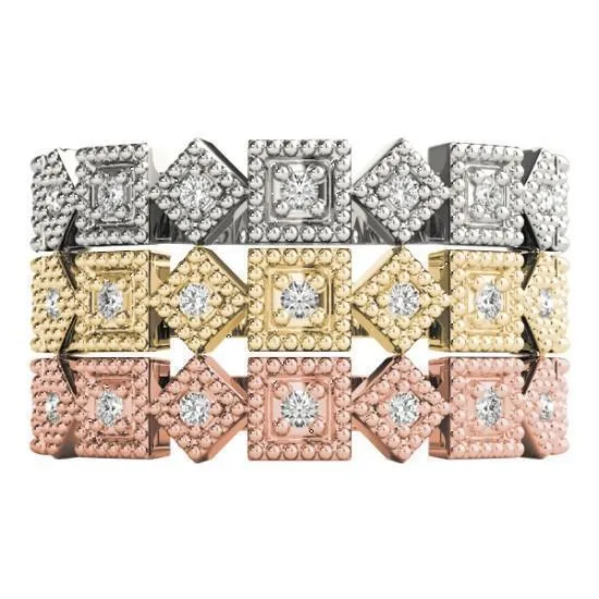 Stackables 12 Eternity TriTone Gold Rotating Milgrain Square Bezels 3Band Set Selectables Fire Brilliance Rings