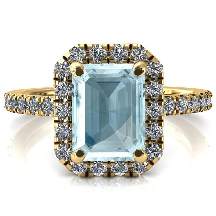 Talia Emerald Aqua Blue Spinel 4 Prong Halo 58 Micropave Engagement Ring Fire Brilliance Rings