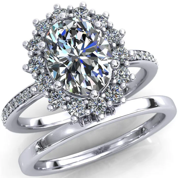 The Duchess Oval Lab Grown Diamond Center Stone 6 Prong Diamond Cluster Halo Ring Fire Brilliance Rings