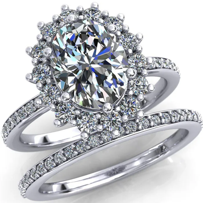 The Duchess Oval Lab Grown Diamond Center Stone 6 Prong Diamond Cluster Halo Ring Fire Brilliance Rings